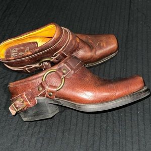 Frye Belted Harness distressed moto Mules brown leather 9